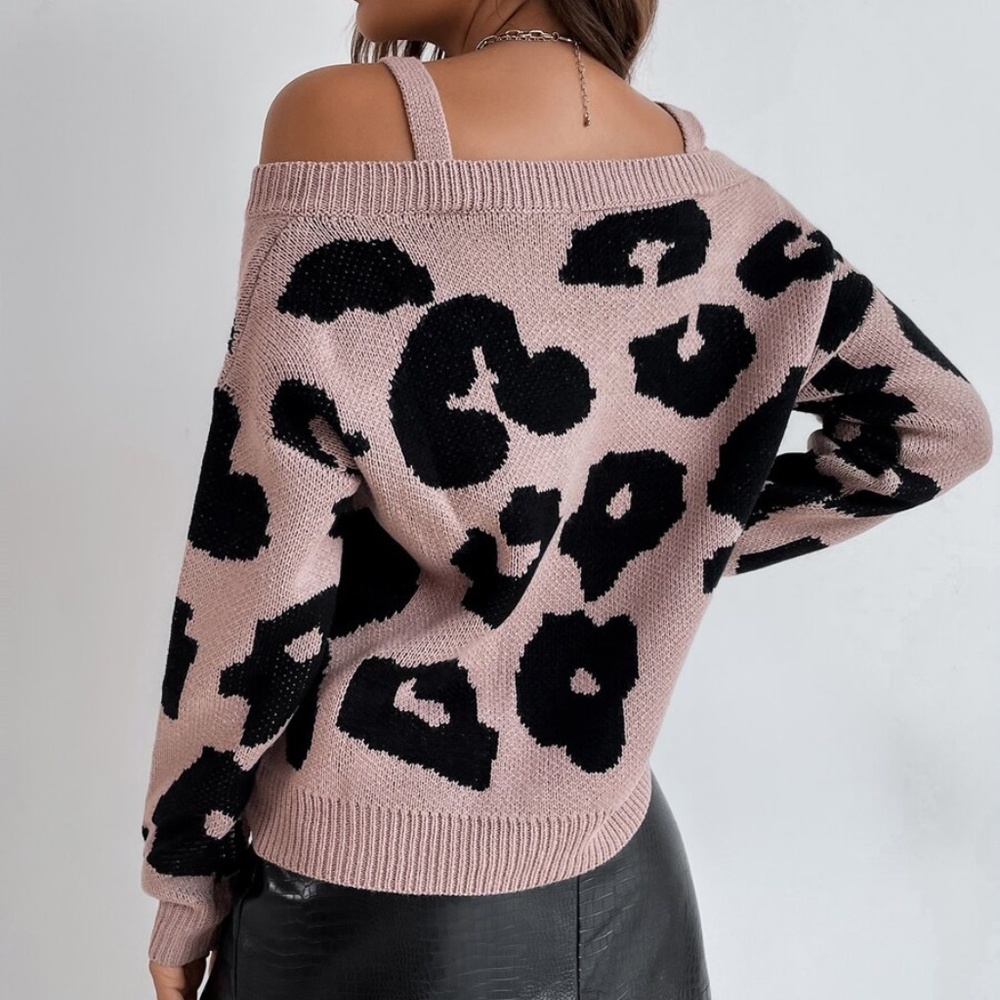 Boho Pink Leopard Print Knit Oversized Sweater - Picture 3 of 5